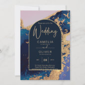 Budget Agate Blue Gold Wedding nodigt QR Code RSVP Kaart (Voorkant)