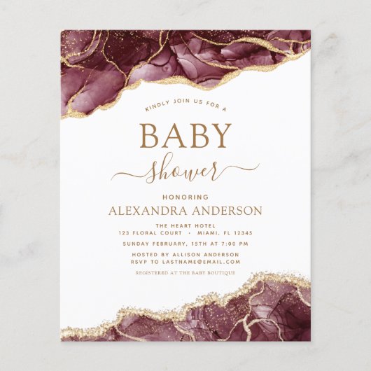 Budget Agate Burgundy Baby shower Gold Invitation Flyer (Voorkant)