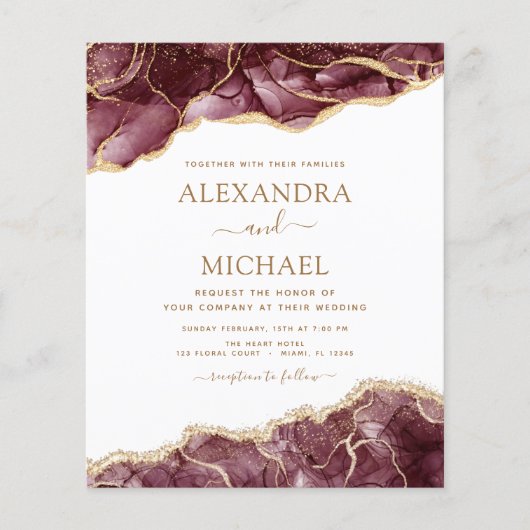 Budget Agate Burgundy Gold Weduwde Uitnodiging Flyer (Voorkant)