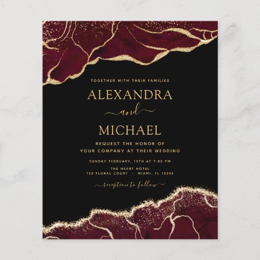 Budget Agate Burgundy Gold Weduwde Uitnodiging Flyer (Voorkant)