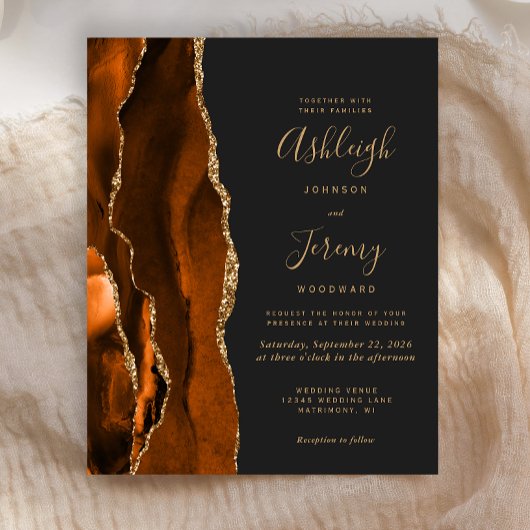 Budget Agate Burnt Oranje Dark Wedding Uitnodiging