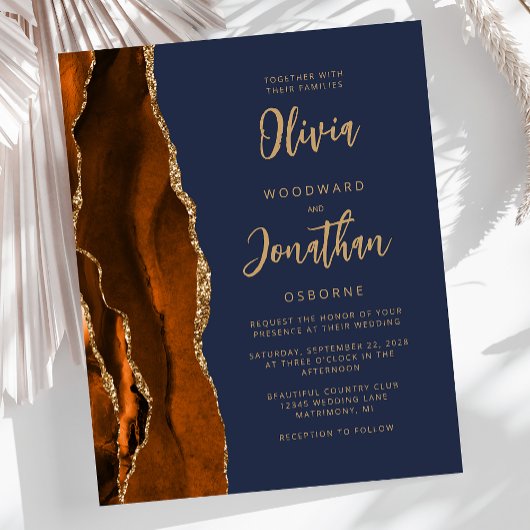 Budget Agate Burnt Oranje marine Blue Wedding Invi