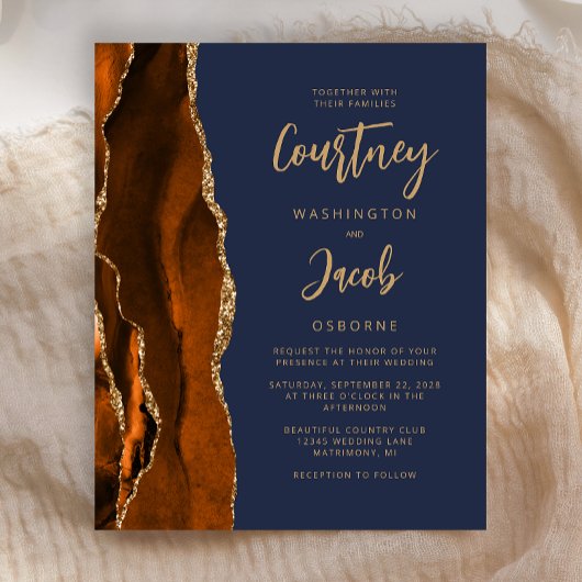 Budget Agate Burnt Oranje marine Blue Wedding Invi