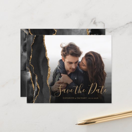 Budget Agate Geode Black Gold Photo Save the Date (Voorkant / Achterkant in situ)