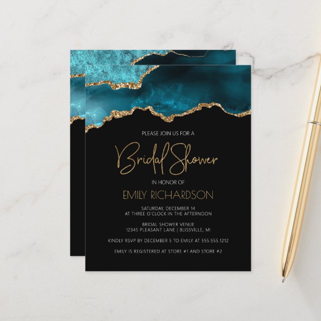 Budget Agate Geode Blauwgroen Bridal Shower Uitnod (Voorkant / Achterkant in situ)