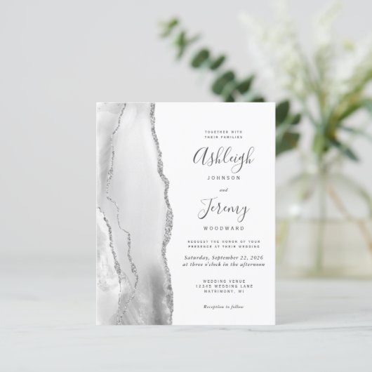 Budget Agate Grey White Silver Wedding Uitnodiging (Staand voorkant)