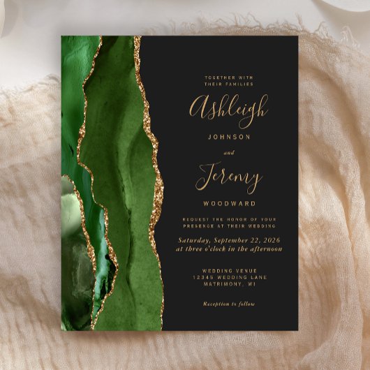 Budget Agate Hunter Green Gold Donk Wedding Invite