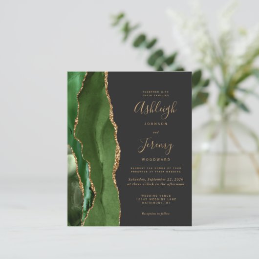 Budget Agate Hunter Green Gold Donk Wedding Invite (Staand voorkant)