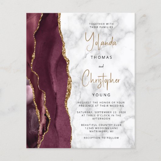 Budget Agate Marble Burgundy Gold Wedding Invite (Voorkant)