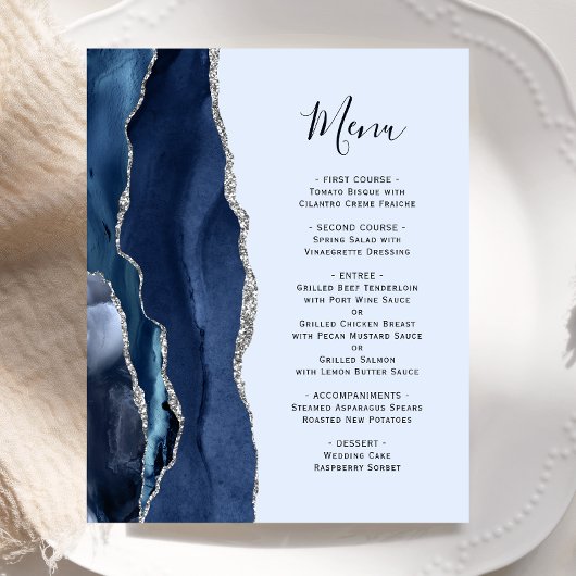 Budget Agate Navy Bleek Blue Silver Wedding Menu