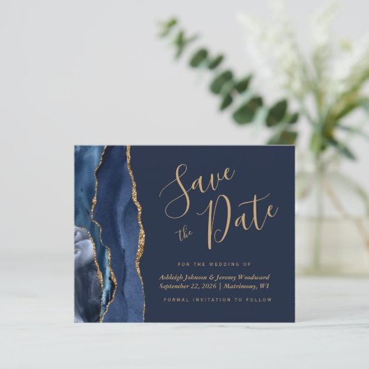 Budget Agate Navy Blue Gold Save the Date (Staand voorkant)