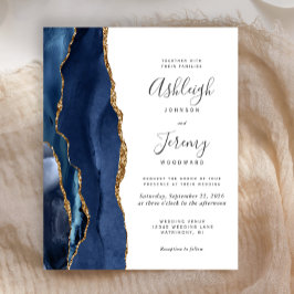 Budget Agate Navy Blue Gold Wedding Uitnodiging