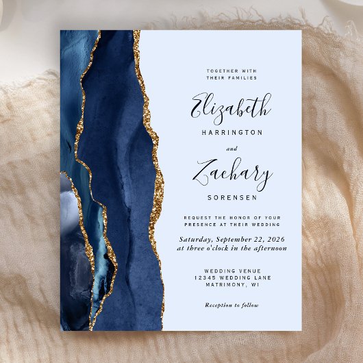 Budget Agate Navy Blue Gold Wedding Uitnodiging