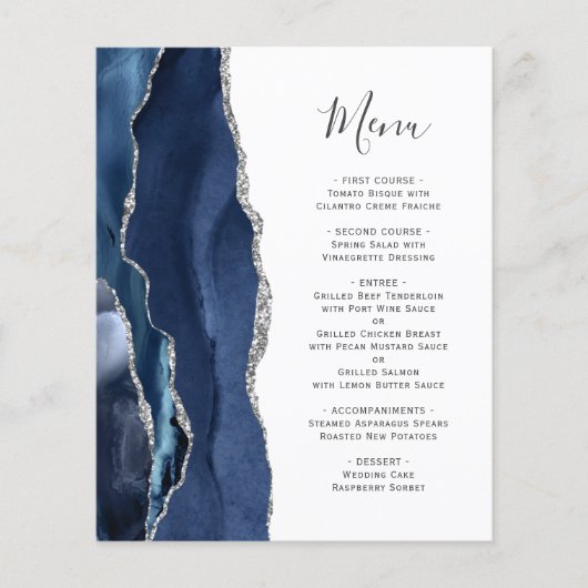 Budget Agate Navy Blue Silver Wedding Menu (Voorkant)