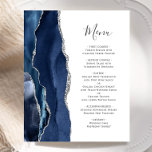 Budget Agate Navy Blue Silver Wedding Menu<br><div class="desc">De linkerrand van dit elegante moderne trouwmenu is voorzien van een marineblauwe waterverf-agaatgrens die is getrimd met faux zilveren glitter. De aanpasbare tekst combineert handschrift manuscript en copperplate doopvonten in steenkoolgrijs op een witte achtergrond. De achterzijde is voorzien van een passend blauw en zilveragatontwerp voor de marine.</div>