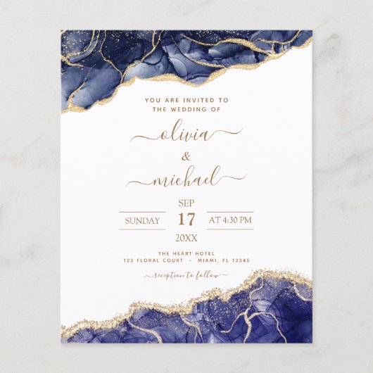 Budget Agate Navyblauw Goud Blauw Bruiloft Flyer (Voorkant)