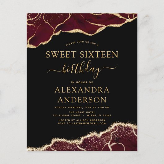 Budget Agate Sweet 16 Birthday Burgundy Gold Flyer (Voorkant)