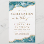 Budget Agate Sweet 16 Blauwgroen Gold Invitation (Voorkant)