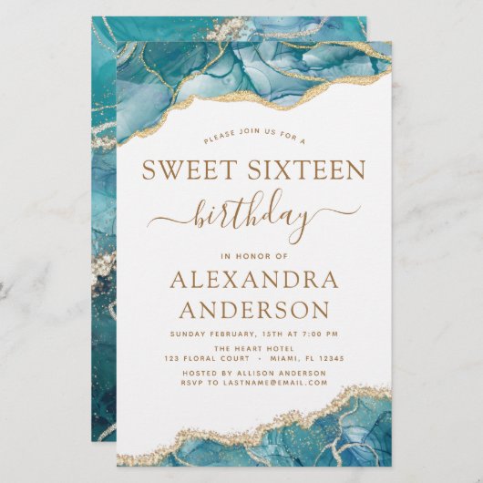 Budget Agate Sweet 16 Blauwgroen Gold Invitation (Voorkant / Achterkant)
