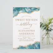 Budget Agate Sweet 16 Blauwgroen Gold Invitation (Staand voorkant)