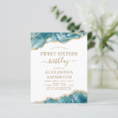 Budget Agate Sweet 16 Blauwgroen Gold Invitation (Staand voorkant)