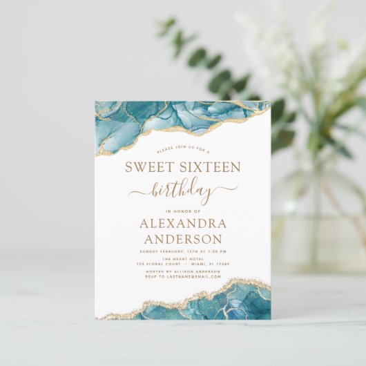 Budget Agate Sweet 16 Blauwgroen Gold Invitation (Staand voorkant)