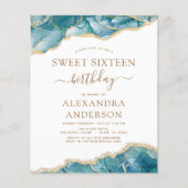 Budget Agate Sweet 16 Blauwgroen Gold Invitation (Voorkant)