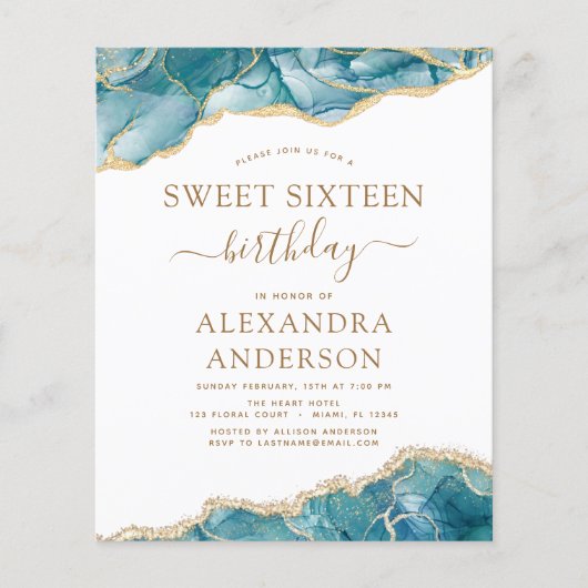 Budget Agate Sweet 16 Blauwgroen Gold Invitation (Voorkant)