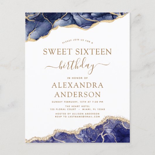 Budget Agate Sweet 16 Navy Blue Gold Flyer (Voorkant)