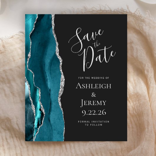 Budget Agate Teal Zilver Donkere Save the Date