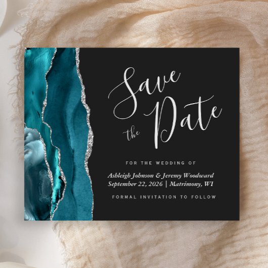 Budget Agate Tealblauw Zilver Donker Save the Date