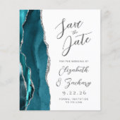 Budget Agate Turkoois Zilver Script Save the Date (Voorkant)