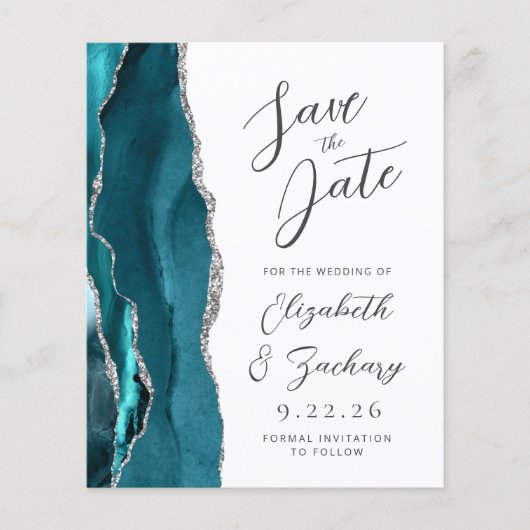 Budget Agate Turkoois Zilver Script Save the Date (Voorkant)