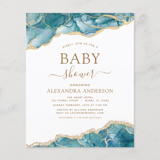 Budget Agate Turquoise Baby shower Blauwgroen Gold Flyer (Voorkant)