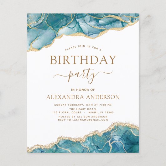 Budget Agate Turquoise Birthday Party Gold Flyer (Voorkant)