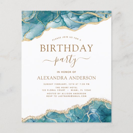 Budget Agate Turquoise Birthday Party Invitation (Voorkant)