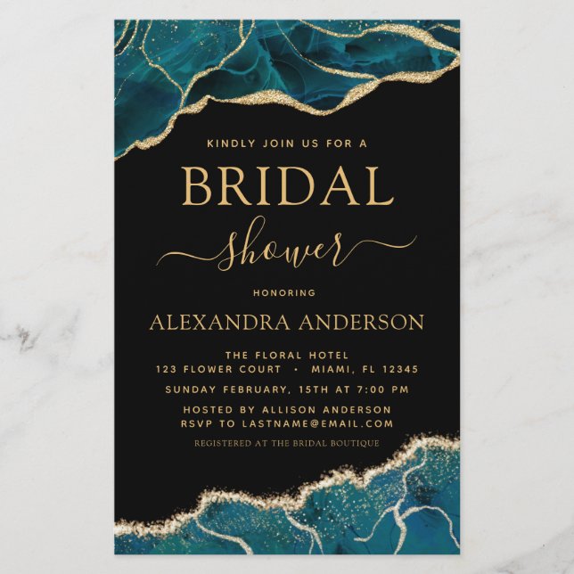 Budget Agate Turquoise Bruidsuitnodiging Teal Goud (Voorkant)