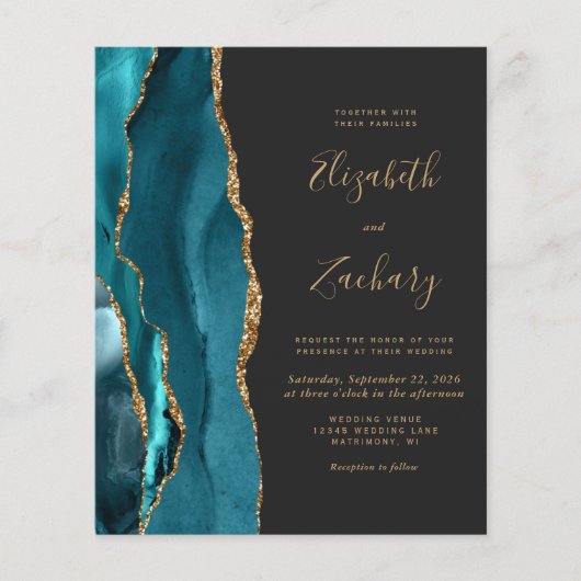 Budget Agate Turquoise Goud Donkere Trouw Uitnodig (Voorkant)