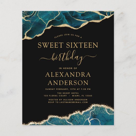 Budget Agate Turquoise Sweet 16 Blauwgroen Gold Flyer (Voorkant)