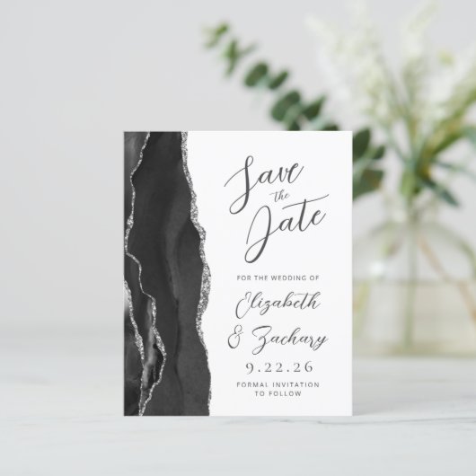 Budget Agate Zwart Zilver Script Save the Date (Staand voorkant)