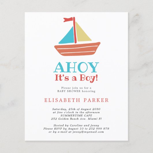 Budget Ahoy is een baby shower-uitnodiging (Voorkant)