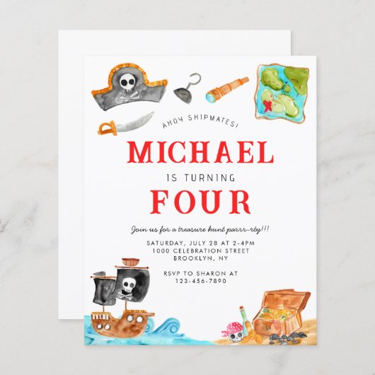 Budget Ahoy Matey Treasure Hunt Pirate Verjaardag (Voorkant / Achterkant)