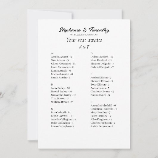 Budget Alfabetische Bruiloft Zitkaarten Kaart (Voorkant)
