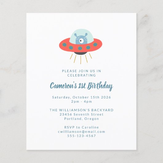 Budget Alien Spaceship 1e verjaardag Uitnodiging (Voorkant)