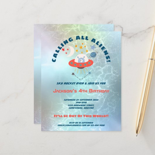 Budget Aliens 4e verjaardag partijuitnodiging (Voorkant / Achterkant in situ)