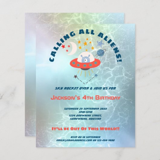 Budget Aliens 4e verjaardag partijuitnodiging (Voorkant / Achterkant)