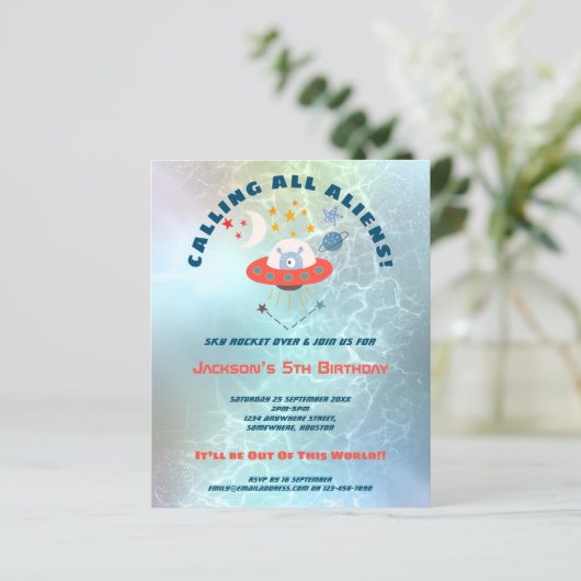 Budget Aliens 5e verjaardag partijuitnodiging (Staand voorkant)