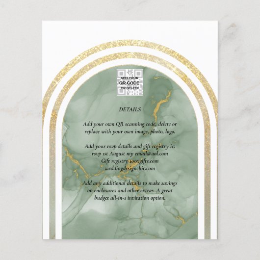 BUDGET All-in1 Gold Green Sage Marble Boog Huwelij Flyer (Achterkant)