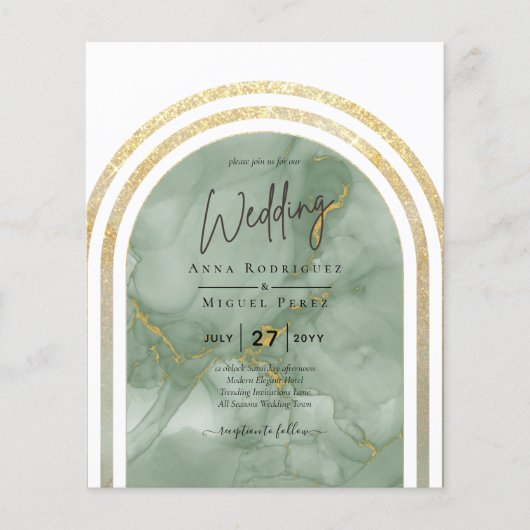 BUDGET All-in1 Gold Green Sage Marble Boog Huwelij Flyer (Voorkant)