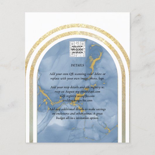 BUDGET All-in-1 Gold Blue Marble Arch Wedding Flyer (Achterkant)